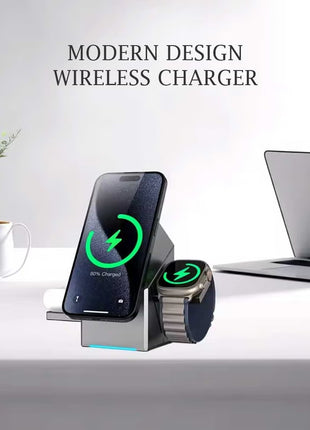 New Generation 3-in-1 Magnetic Pop-up Design Wireless Charger | High-tech Auto Rotation Charging Station | 15W Fast Charging Compatible with iPhone, Watch, and Earbuds