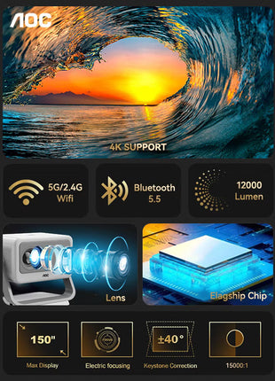 Mini Projector, Portable Projector 4K Support, 12000 Luemn/Electric Focus/Projector with Wifi and Bluetooth