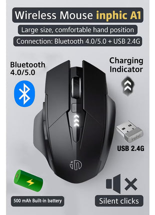 A1 Wireless Mouse – Rechargeable, Silent Click, Ergonomic Design, 2.4G/ Bluetooth Dual Mode, Adjustable DPI, Portable for Laptop, PC, Mac, Office & Gaming