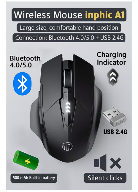 A1 Wireless Mouse – Rechargeable, Silent Click, Ergonomic Design, 2.4G/ Bluetooth Dual Mode, Adjustable DPI, Portable for Laptop, PC, Mac, Office & Gaming