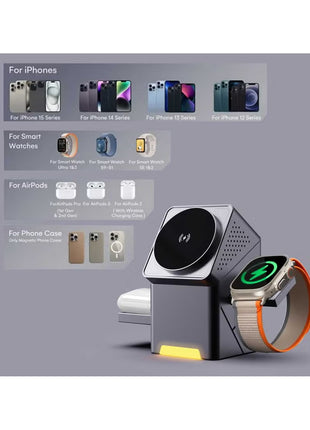 New Generation 3-in-1 Magnetic Pop-up Design Wireless Charger | High-tech Auto Rotation Charging Station | 15W Fast Charging Compatible with iPhone, Watch, and Earbuds