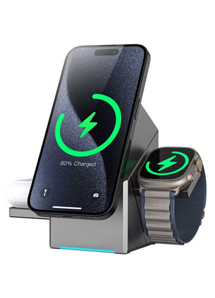 New Generation 3-in-1 Magnetic Pop-up Design Wireless Charger | High-tech Auto Rotation Charging Station | 15W Fast Charging Compatible with iPhone, Watch, and Earbuds