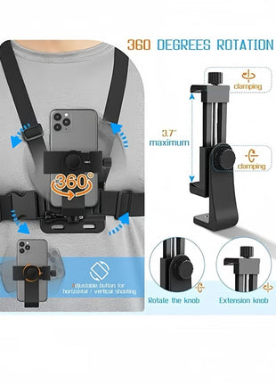 Mobile Phone Chest Mount Harness Strap Holder,Cell Phone Clip Action Camera for POV/VLOG Black
